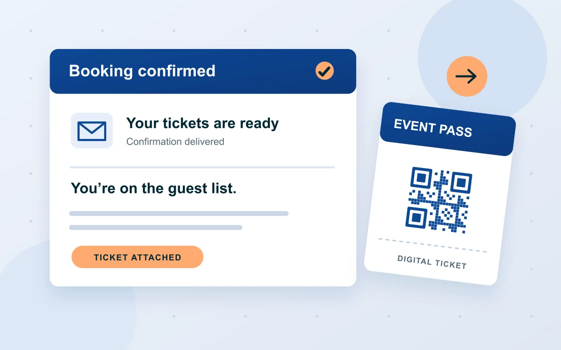 Illustration of an email confirmation delivering a digital event ticket to an attendee.