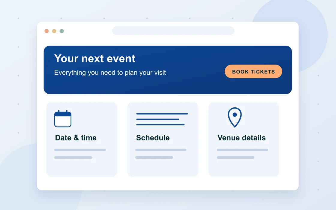 Illustration of an event webpage presenting the date, schedule, venue location and booking information.
