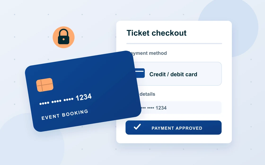 Illustration of a ticket checkout, bank card and approved payment confirmation.