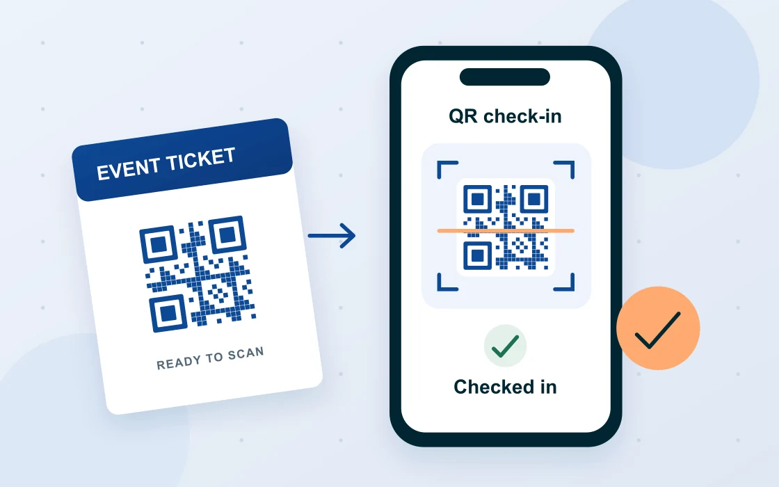 Illustration of a phone scanning a ticket QR code and confirming attendee check-in.