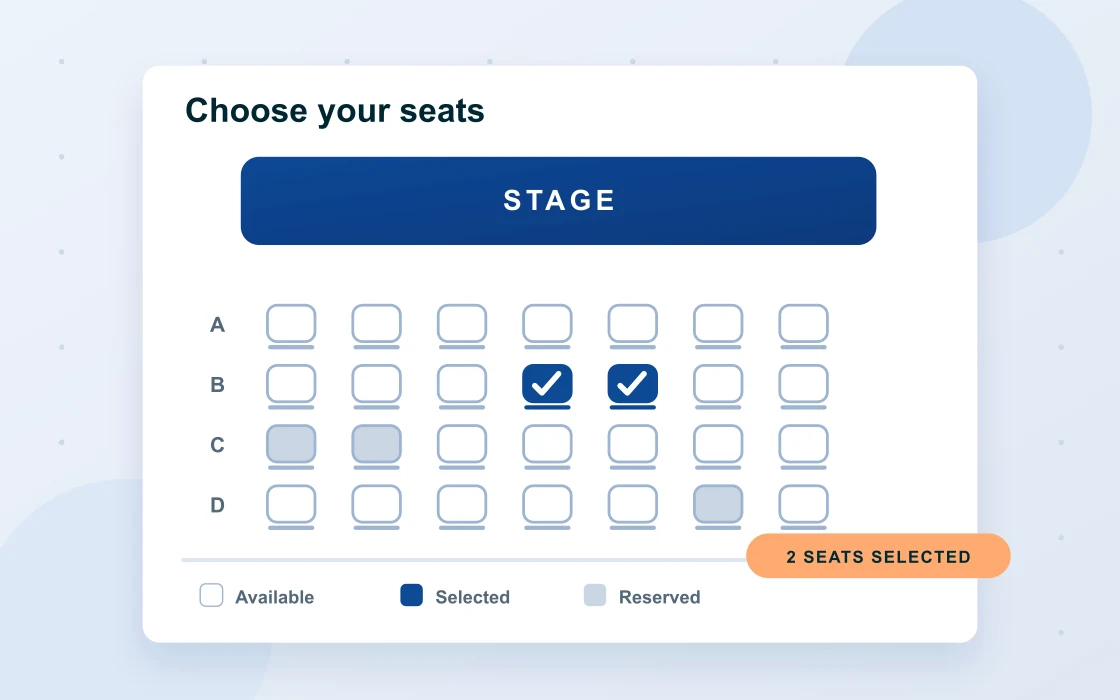 Illustration of a venue seat map with available seats and two selected seats in row B.