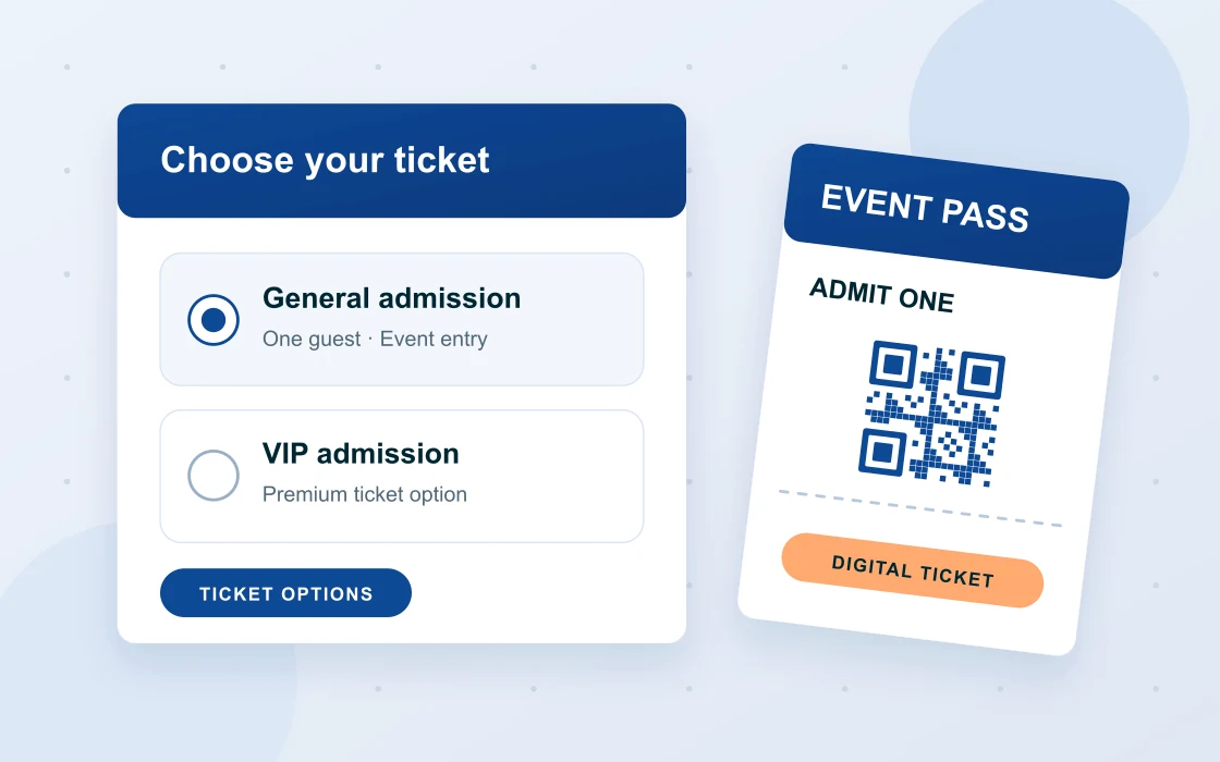 Illustration of general admission and VIP options beside a digital event ticket.