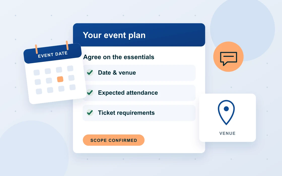 Illustration of an event planning brief with a date, venue, attendance estimate and ticket requirements.
