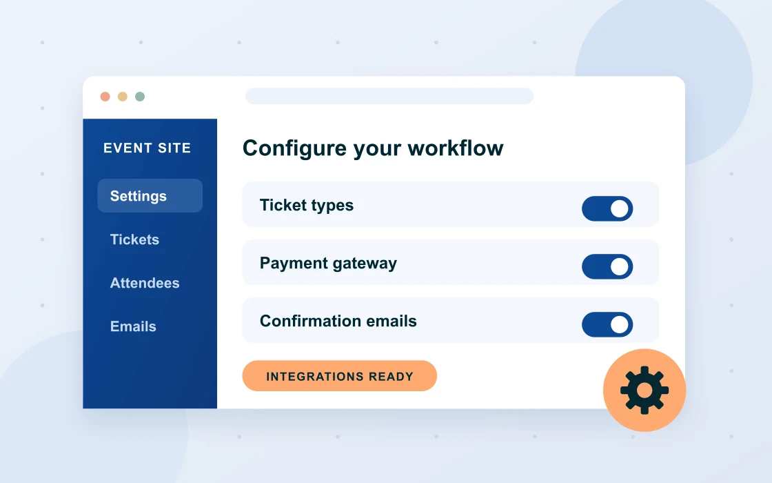Illustration of a website configuration dashboard connecting ticketing, payments and confirmation emails.