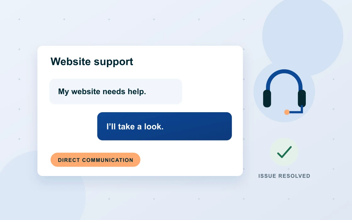 Illustration of a direct support conversation with a developer helping resolve a website issue.