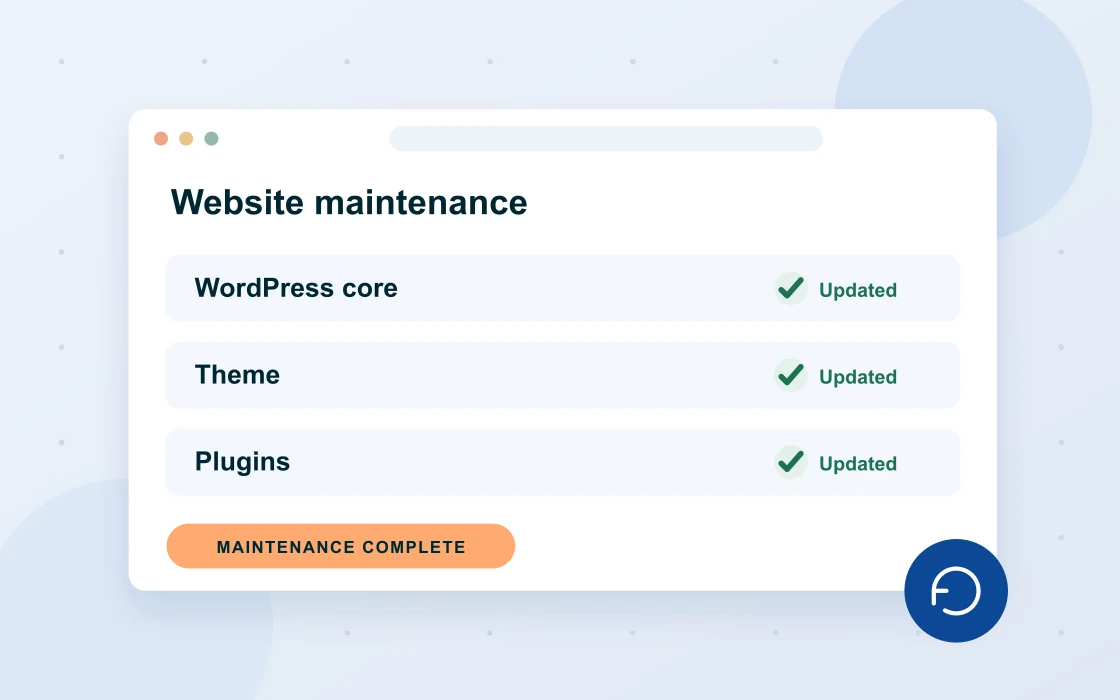 Illustration of a website maintenance dashboard showing completed core, theme and plugin updates.