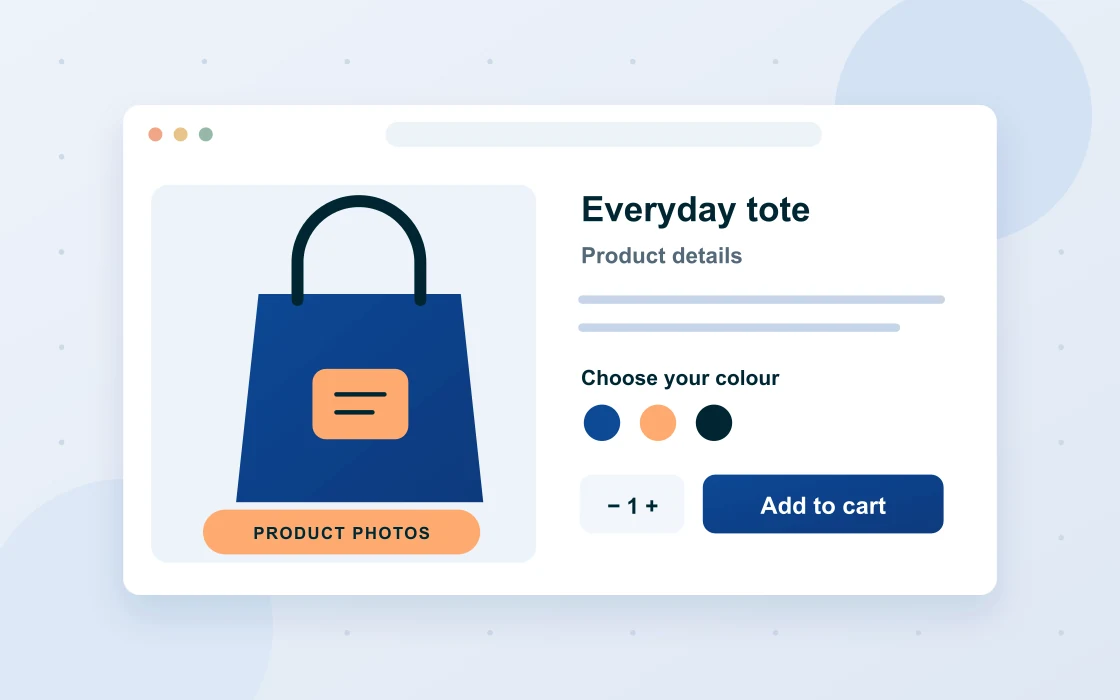 Illustration of a clean online product page with a tote bag photo, colour options and an add-to-cart button.