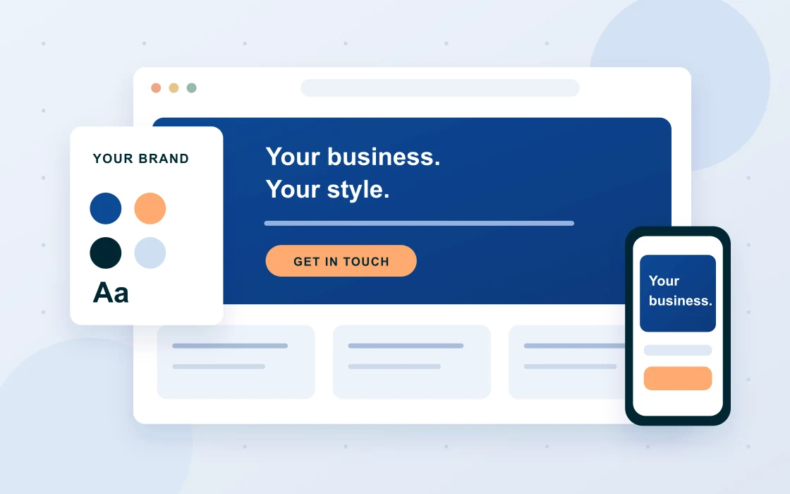 Illustration of a coordinated website, mobile layout and colour palette tailored to a business brand.