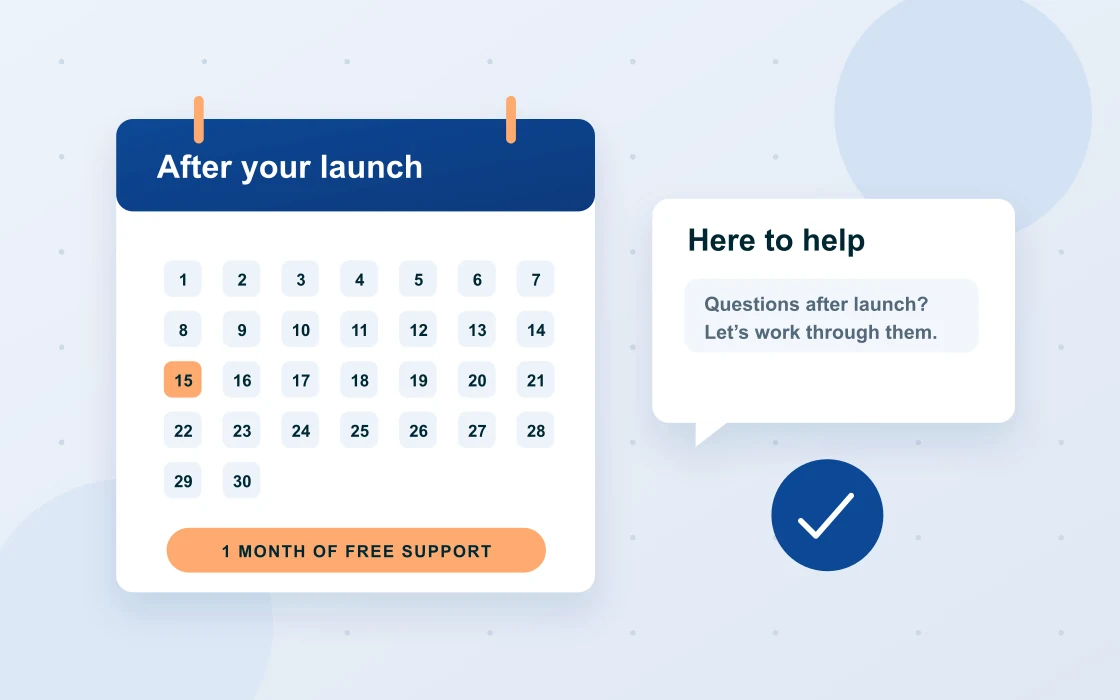 Illustration of a month-long support calendar beside a helpful conversation after a website launch.